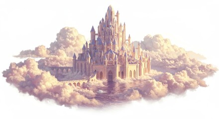 Celestial Palace: A majestic castle, floating gracefully amidst fluffy clouds, invites viewers to a world of wonder and grandeur, where dreams take flight in an ethereal landscape.