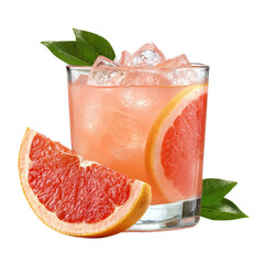 Refreshing grapefruit cocktail served over ice with vibrant citrus slice and green leaves in glass