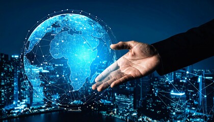 Digital globe held by hand global connectivity