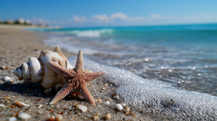 Starfish and Spiral Seashell on Sandy Beach Shoreline with Turquoise Waves