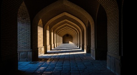Fototapeta premium Sunlit Arched Hallway Architectural Beauty and Light Patterns