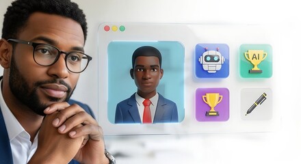 African American Businessman interacts with AI digital avatar and futuristic tech display
