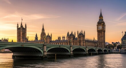 London cityscape featuring bridge, Big Ben, Parliament against sunset sky