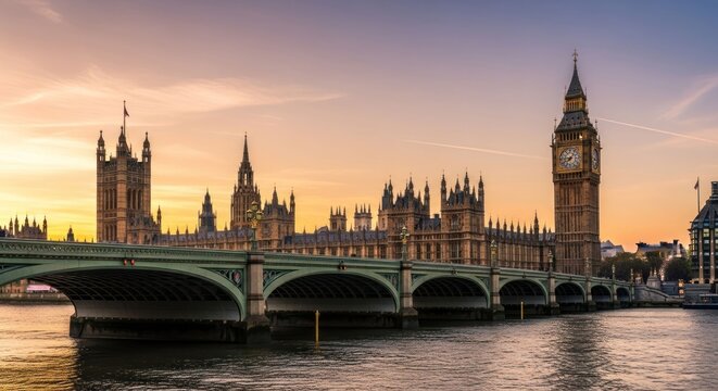 London cityscape featuring bridge, Big Ben, Parliament against sunset sky