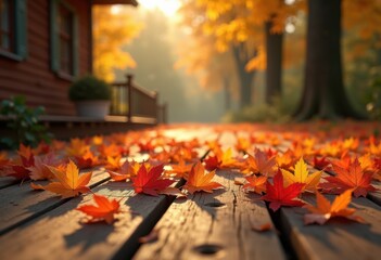 vibrant autumn leaves transforming canvas rustic wooden deck, nature, scenery, outdoors, fallen, texture, leaf, foliage, background, park, red, yellow