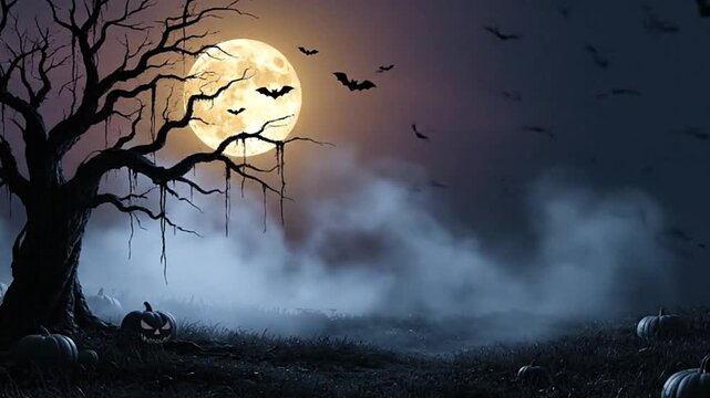 Night scene with full moon bats dead tree foggy ground and pumpkins