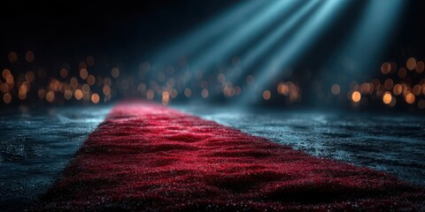 Elegant red carpet illuminated by dramatic lighting with a blurred festive background during a special event