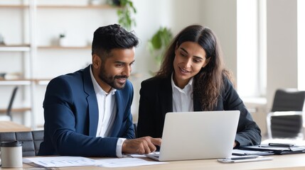 Business colleagues working together on a laptop in a modern office setting, smiling during daytime