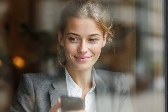 Grinning professional using smartphone while gazing out a window