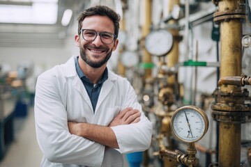 Grinning researcher resting by meter in the plant