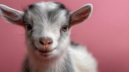 Adorable Young Goat with White and Black Patches &ndash; Close-Up on Pink Background