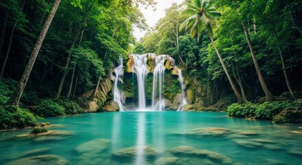 Naklejka premium Lush jungle waterfall spills into bright turquoise pool