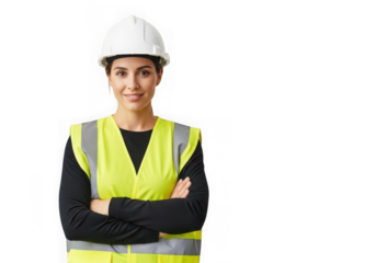 A confident woman in a hard hat and safety vest isolated on transparent background