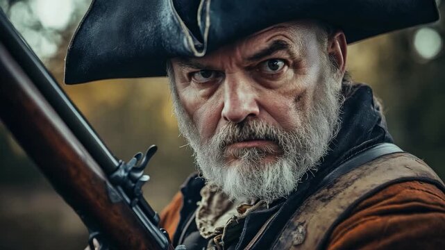 This video captures a dramatic close-up of a rugged character. Perfect for historical storytelling, it evokes adventure and intrigue. Ideal for film projects and more. Generative AI