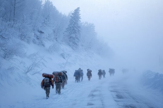 Young adventurous travelers on a challenging winter expedition in the Ural Mountains Aygir Bashkortostan Russia