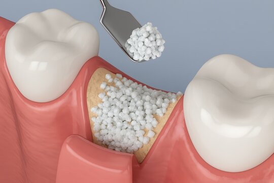 Dental bone grafting procedure with granules placed into tooth socket illustration

