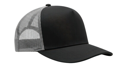 Black trucker hat with mesh back isolated on transparent background