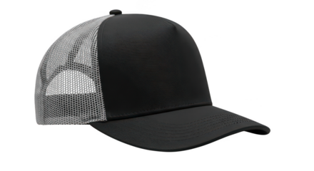 Black trucker hat with mesh back isolated on transparent background