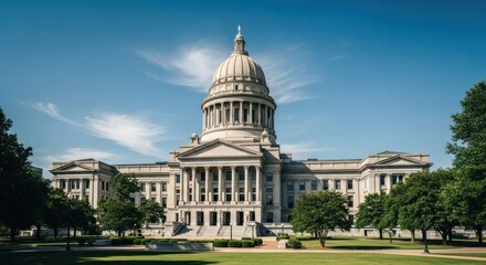 Obraz premium Majestic building with dome and columns under a vibrant blue sky