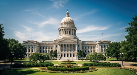Obraz premium Majestic capitol building with a dome, surrounded by trees under blue skies