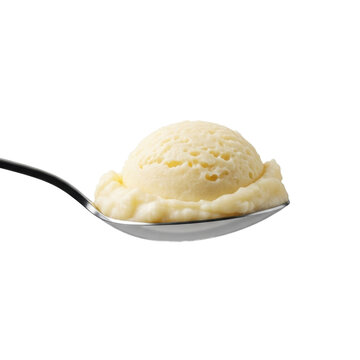 Polished silver tablespoon holding a generous scoop of creamy, fluffy mashed potatoes, perfectly balanced on a solid transparent studio backdrop with soft, shadowless lighting, concept of culinary