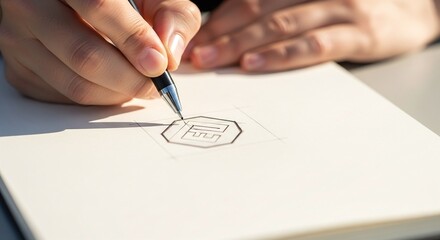 Close up of designer hands sketching a modern geometric logo on paper with pen