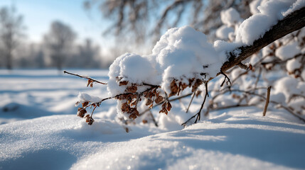 Snow-Covered Tree Branch in Winter &ndash; Serene Snowy Landscape, Soft Sunlight, Isolated White Background, Peaceful Winter Scene