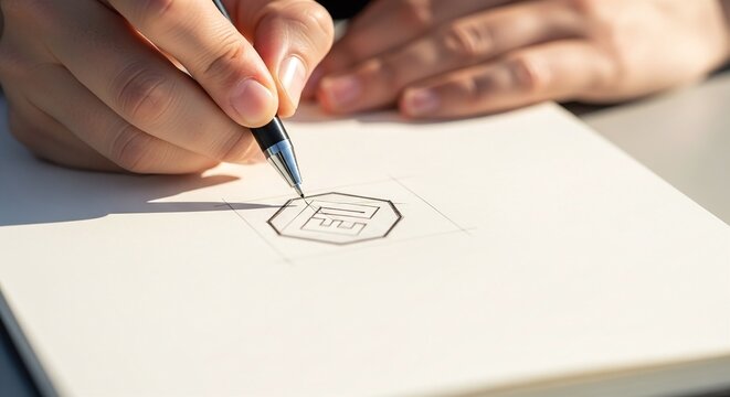 Close up of designer hands sketching a modern geometric logo on paper with pen