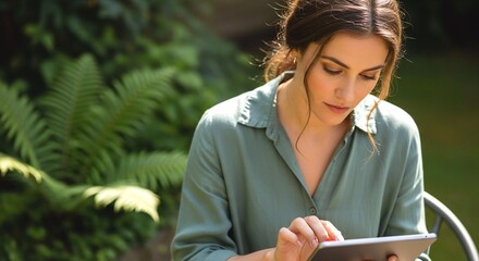 Young woman engrossed in digital tablet outdoors amidst lush green garden foliage