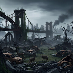 Deer standing on the street of the post apocalyptic city full of destroyed buildings. end of the world and dystopia concept, abandoned town, wasteland ruins after the storm. Ai generated image.
