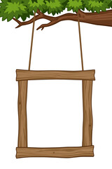Cartoon funny photo frame. Old wood signboard Rope hanging with tree leaves transparent background. Weathered natural wood frame. Ai generated image with high resolution.