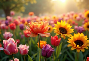 vibrant colorful flowers blooming garden display lush nature scene vibrant blossom beauty serenity, petal, flora, landscape, plants, leaf, seasonal, vivid