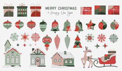 Christmas design elements, vector set. Big Christmas set with flowers, laurel wreath, snowflakes and antlers, vector design elements