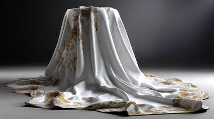 Elegant White Gold-Laced Cloth Flowing in Wind &ndash; Realistic Silk Fabric Simulation, Shimmering Draped Veil, Marble-Textured Luxury