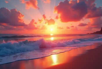vibrant colorful sunset over peaceful ocean waves tranquil seascape brilliant sunlit horizon gentle tide, sky, clouds, beach, water, reflection, light, blue, golden