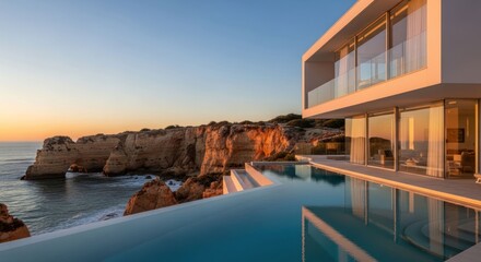 Fototapeta premium Modern villa with infinity pool overlooking the sea and rocky cliffs