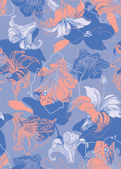 Floral Illustration Elegant Lilies and Hibiscus in a Delicate Color Palette