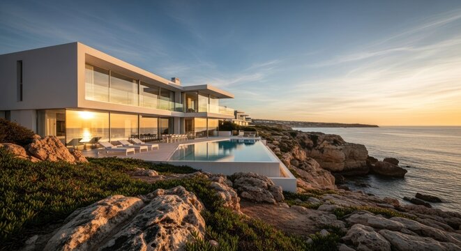 Modern villa perched on cliffside overlooks sea during sunset