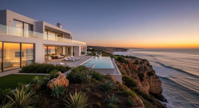 Modern seaside villa on cliff at sunset