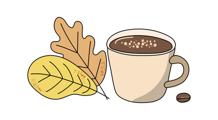 Cup of coffee. Phrase I love coffee. Hand lettering, autumn leaves. Coffee bean. Set of linear icons. International coffee day. Drawing, doodle.