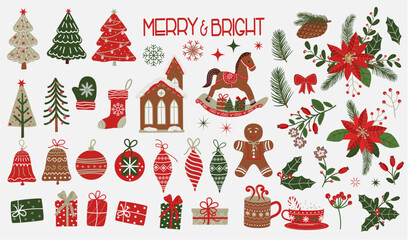 Christmas design elements, vector set. Big Christmas set with flowers, laurel wreath, snowflakes and antlers, vector design elements

