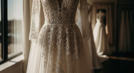 Ornate lace wedding dress, long sleeves, on display in boutique window