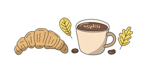 Cup of coffee, autumn leaves, croissant. Coffee bean. Pastries, breakfast. Set of linear icons. International coffee day. Drawing, doodle.