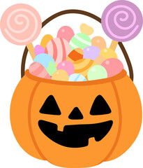 Cute vector pumpkin-shaped bucket overflowing with colorful candies and lollipops.