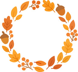 Circular wreath of autumn leaves, acorns, and berries in flat vector style.
