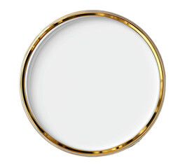 A round, white dinner plate with a gold border