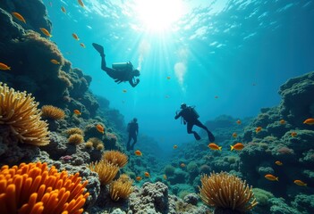 Fototapeta premium vibrant coral reef underwater ecosystem colorful fish tropical marine life biodiversity scuba diving paradise, sea, colors, aquatic, flora, fauna, species