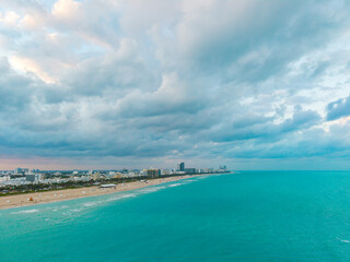 South Miami Beach and the ocean. Miami skyline with skyscrapers. Aerial view of Miami in summer.