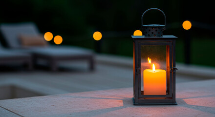 Candle lantern illuminating an outdoor patio at dusk with bokeh lights in the background copy space