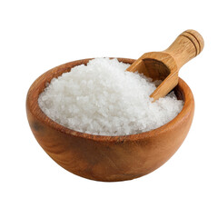 Salt in a wooden bowl with a scoop nestled inside, perfect for culinary uses and decorative displays in kitchen settings